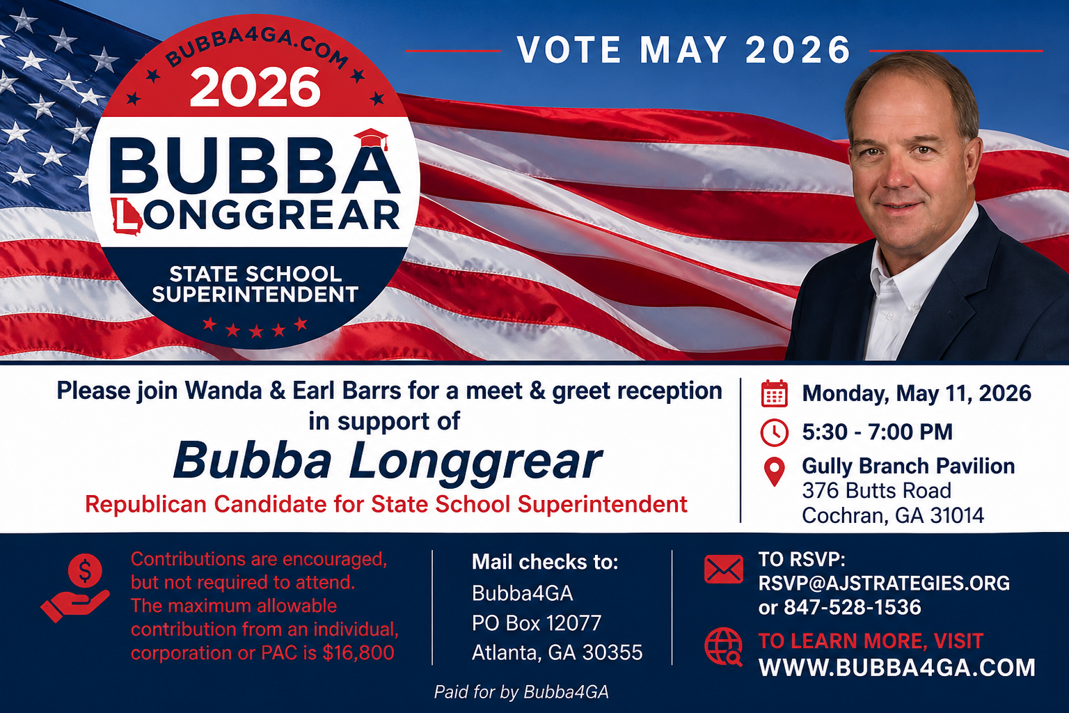 Meet-and-Greet Planned in Cochran for State School Superintendent Candidate Bubba Longgrear