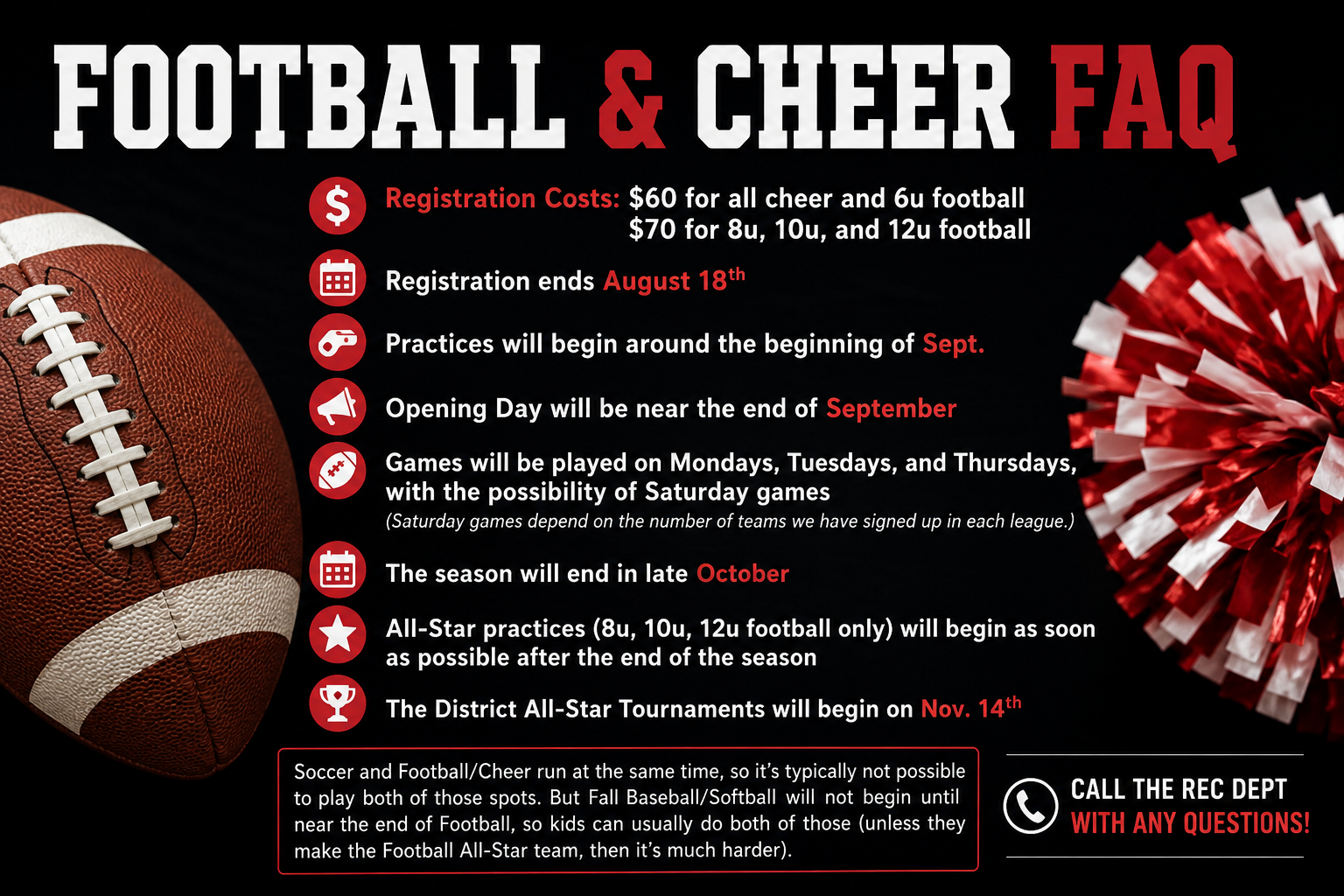 Football, Cheer Registration Continues as Recreation Department Shares Season Details