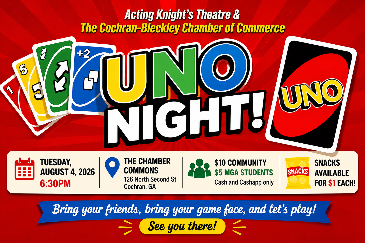 Community UNO night is Tuesday, August 4