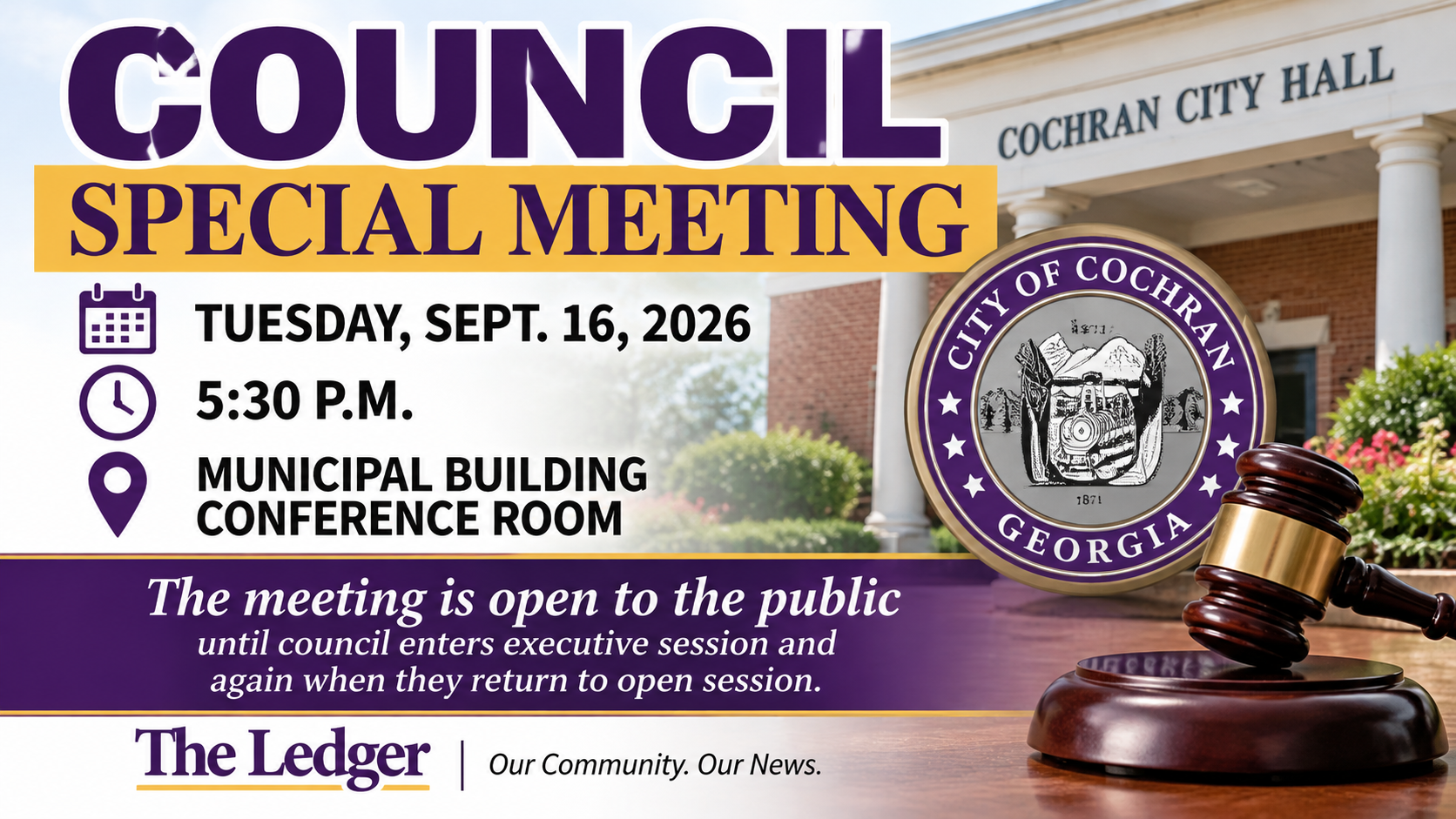 Cochran City Council Calls Special Meeting for Tuesday; Executive Session on Agenda