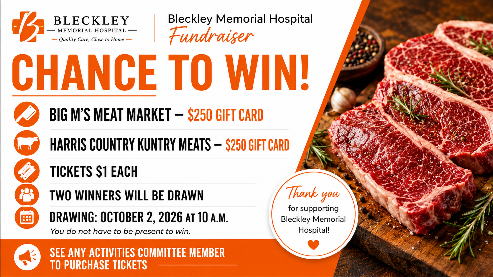 Bleckley Memorial Hospital selling $1 tickets for chance to win $250 meat gift cards