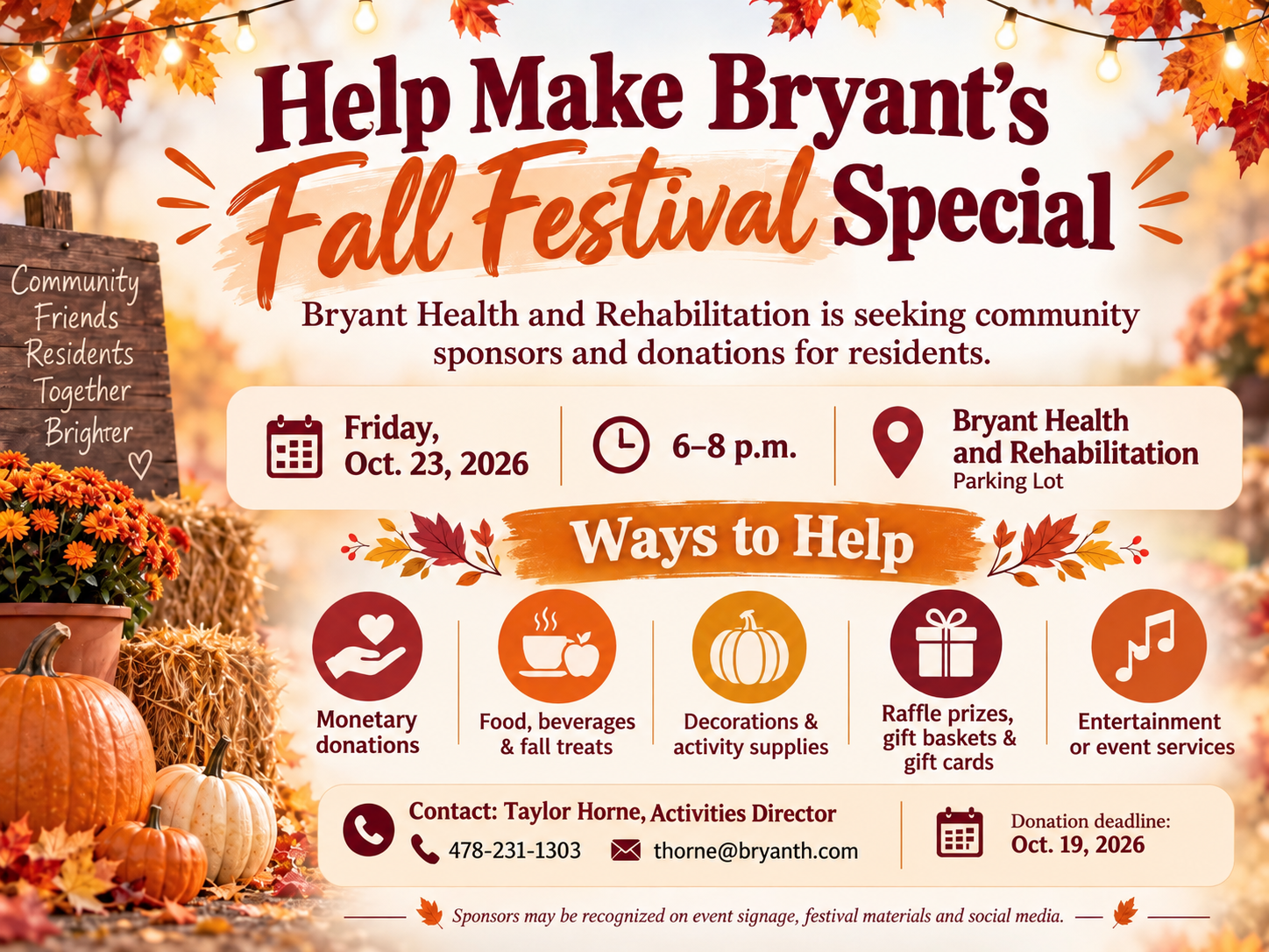 Bryant Health and Rehabilitation Still Seeking Sponsors, Donations for October 23 Fall Festival