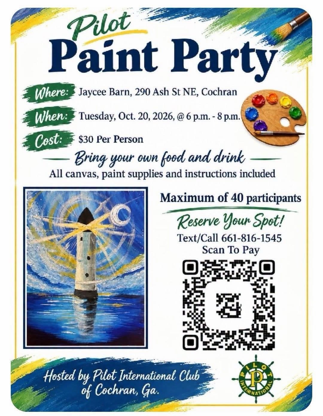 Pilot International Club of Cochran to Host Paint Party October 20
